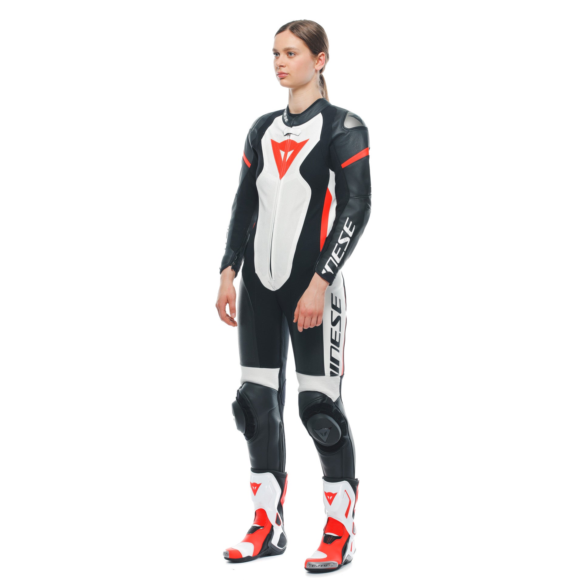 Dainese Grobnik Lady Macacão de Couro – fato de corrida perfurado | Mulheres | Branco/Vermelho 
