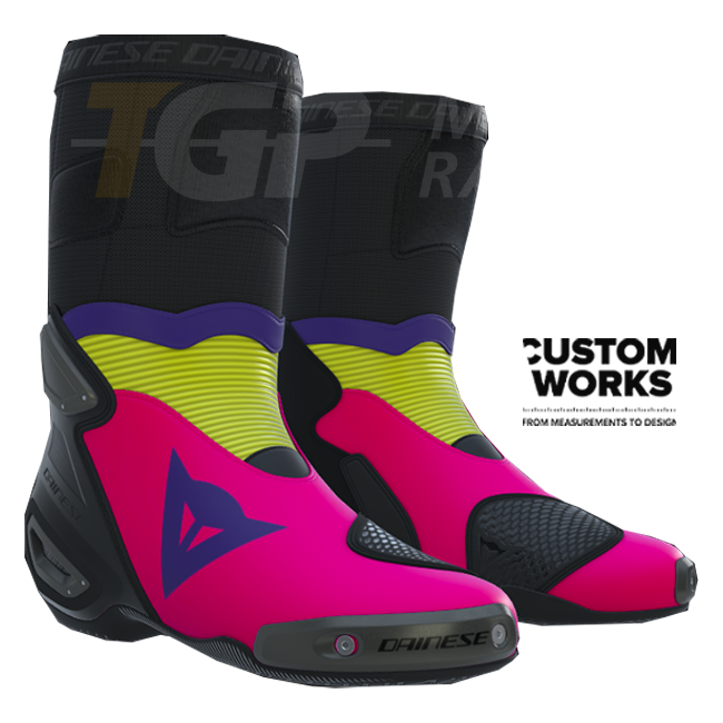 Botas de motociclo de corrida e estrada Dainese Axial 2 | Homem | Fuxia / Violeta / Fluogelb | Custom Works 