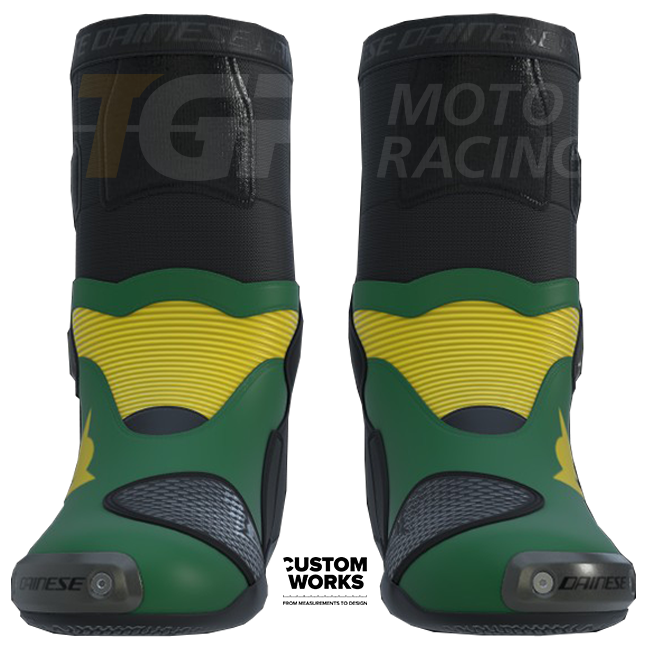 Botas de motociclo de corrida e estrada Dainese Axial 2 Air | Homem | Verde-oliva / Amarelo | Custom Works 