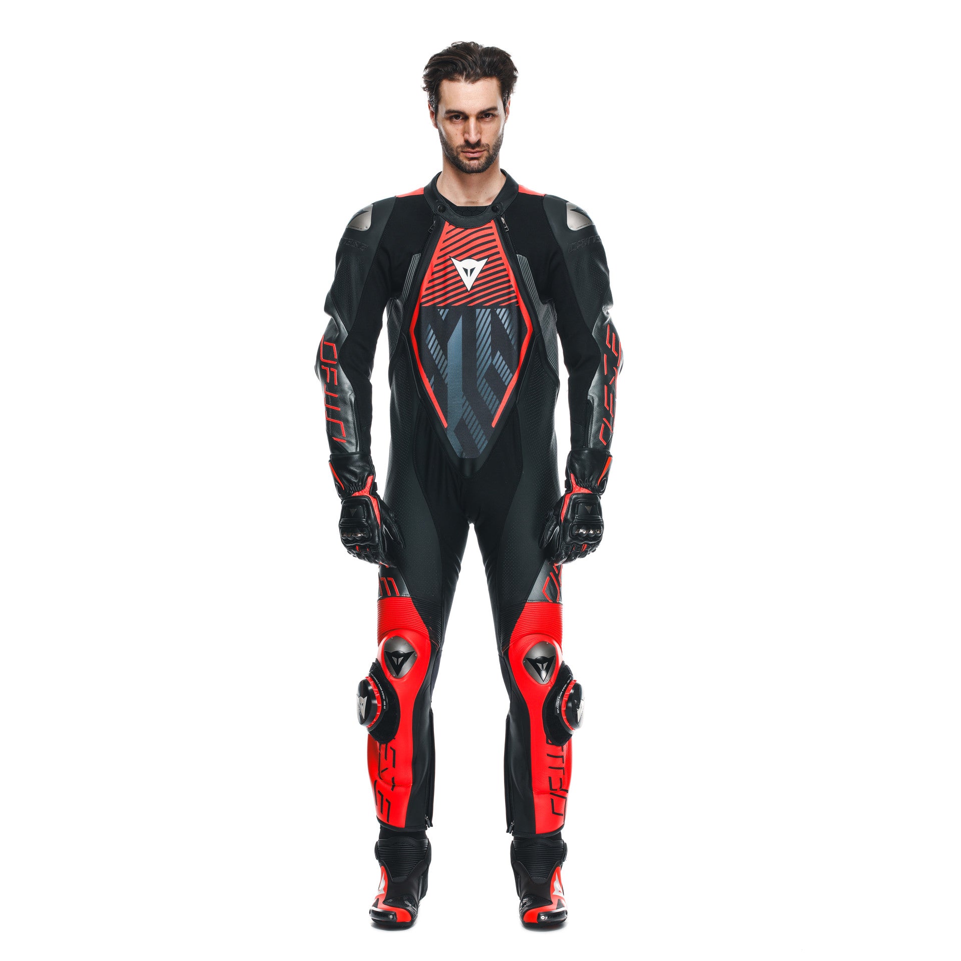 Dainese Audax D-ZIP fato de couro integral – fato de corrida perfurado | Homens | Preto/Vermelho 