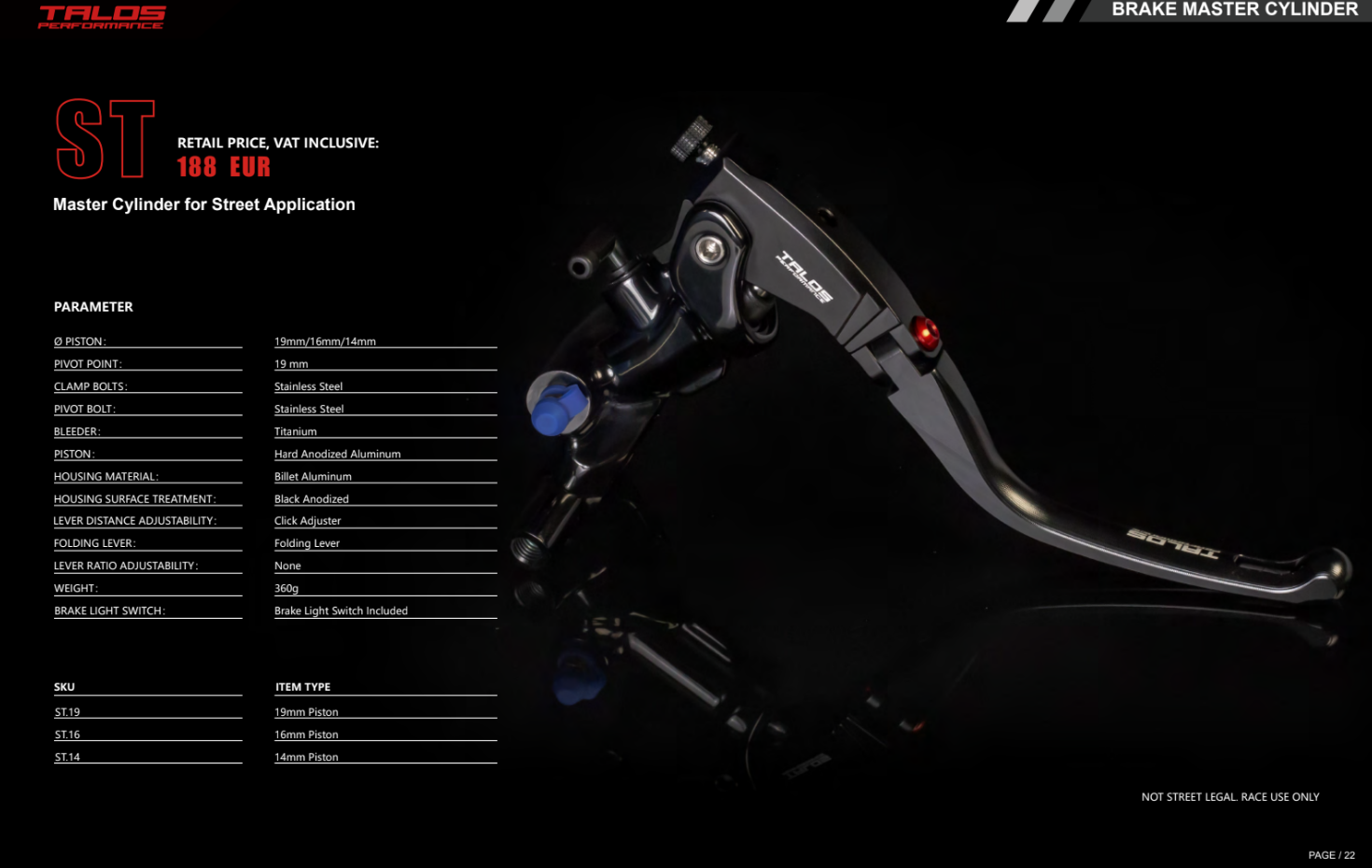 Talos CNC ST Radial Racing Bomba de Travão 19mm| ST.19 