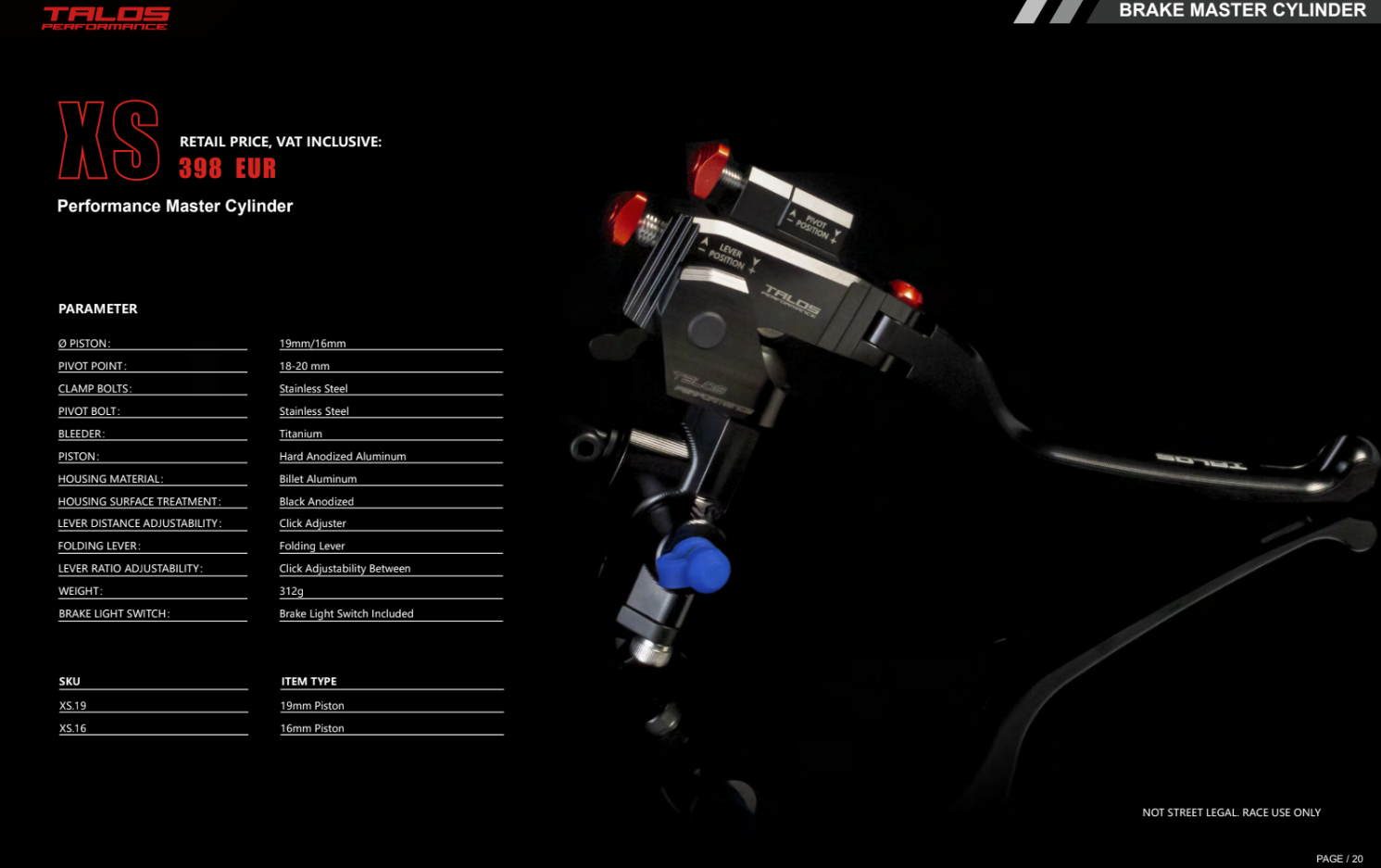 Talos CNC XS Radial Racing Bomba de Travão 19x18-20 | XS.19 