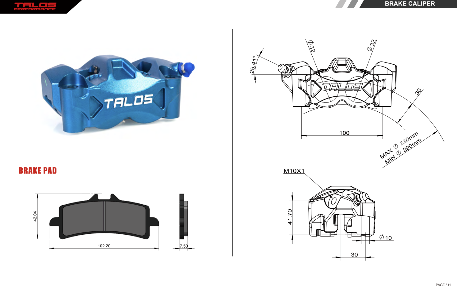 Talos C52 Guss Monoblock P4 32/32 100mm pinça de travão dianteira esquerda | C52.100.BU.L 