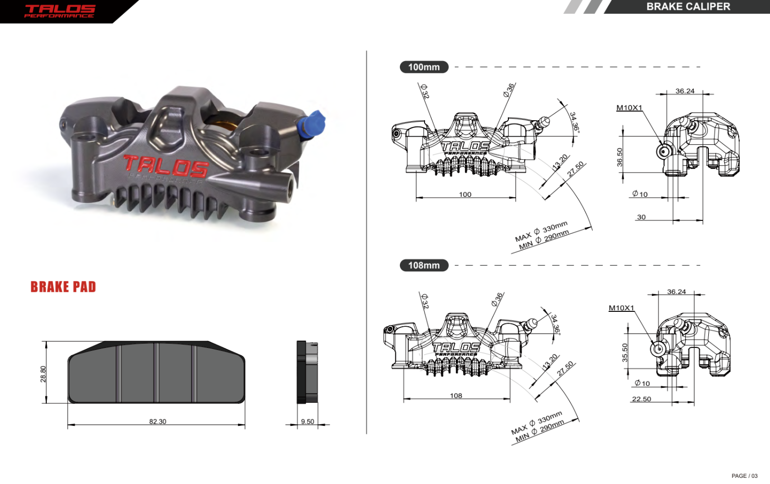 Talos X75 SBK Racing Monoblock P4 32/36 100mm Pinça de Travão Frontal Direita | X75.100.HD.R 
