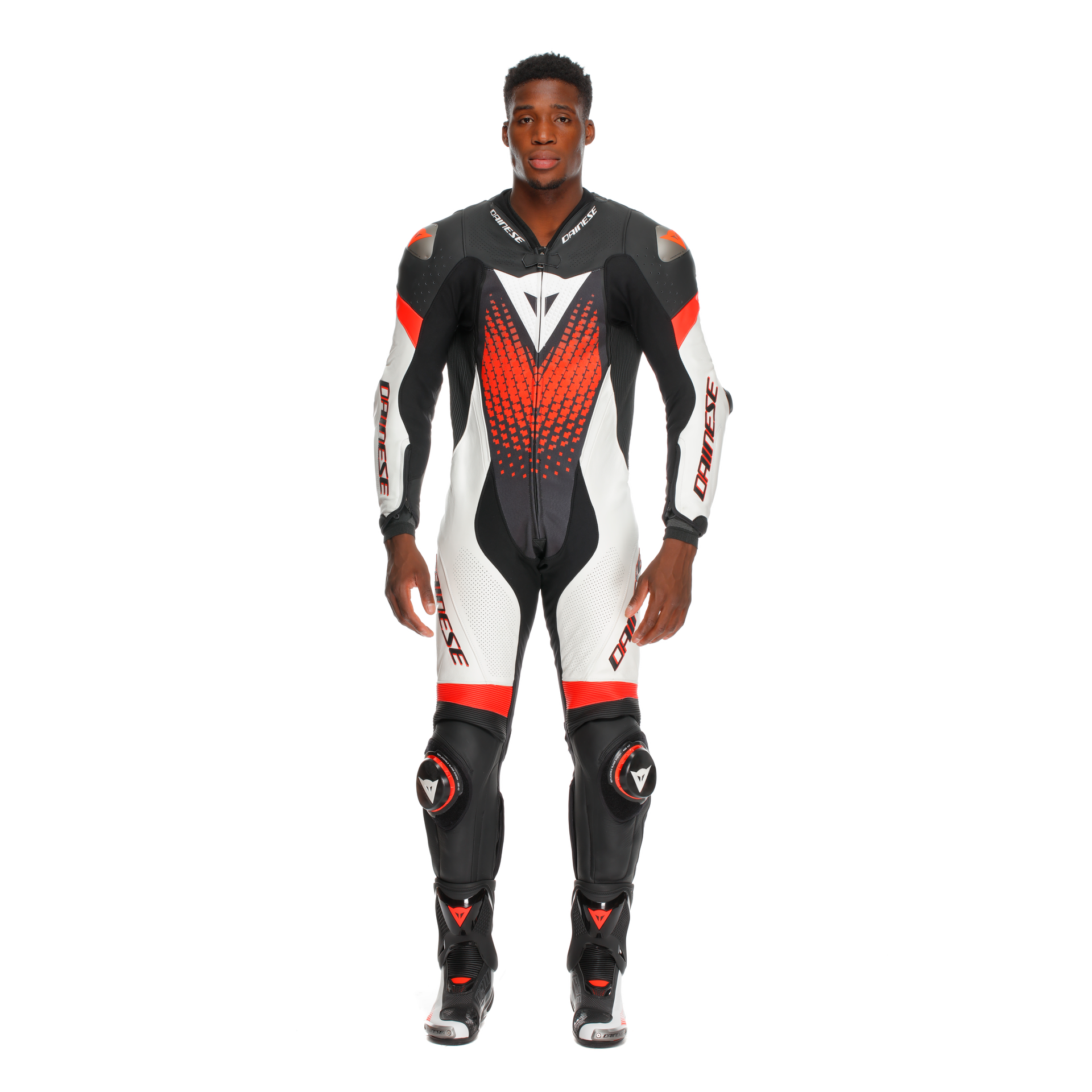 Dainese Laguna Seca 6 Macacão de Couro Integral – Macacão de Corrida Perfurado | Homens | Branco/Vermelho 
