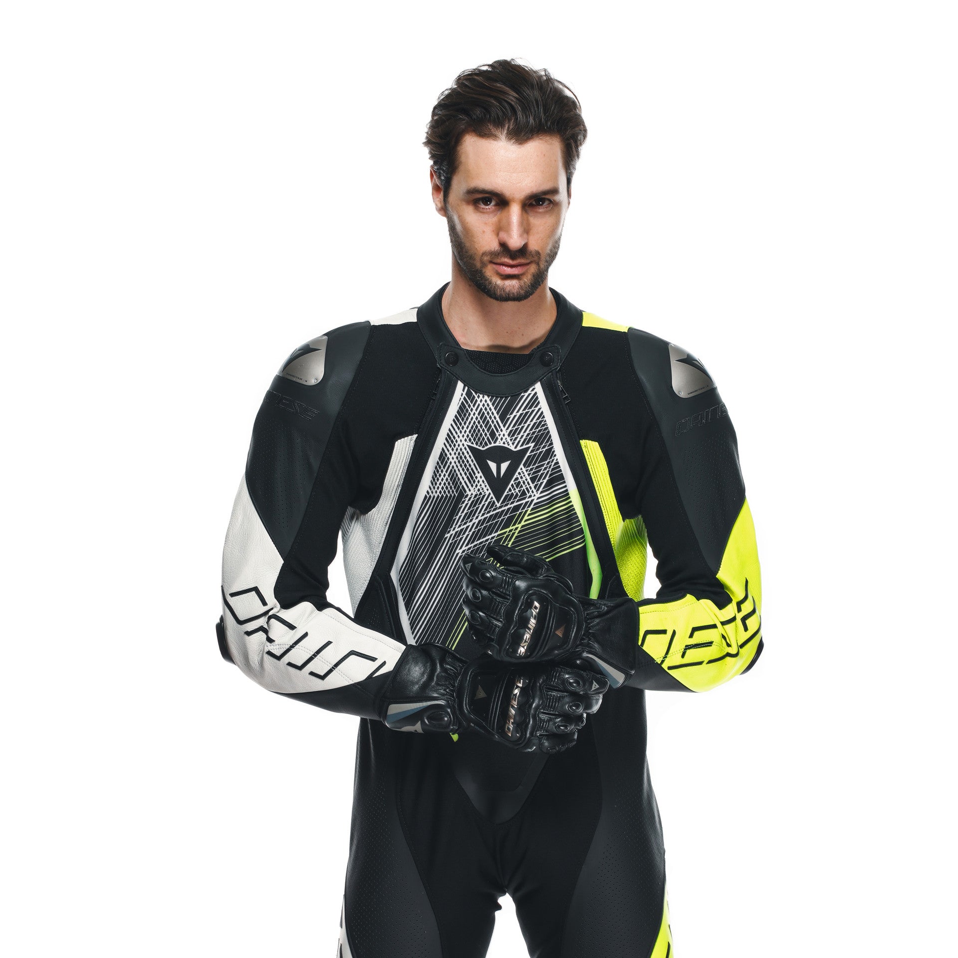 Dainese Audax D-ZIP fato de couro de uma peça – fato de corrida perfurado | Homens | Preto/Amarelo Neon 