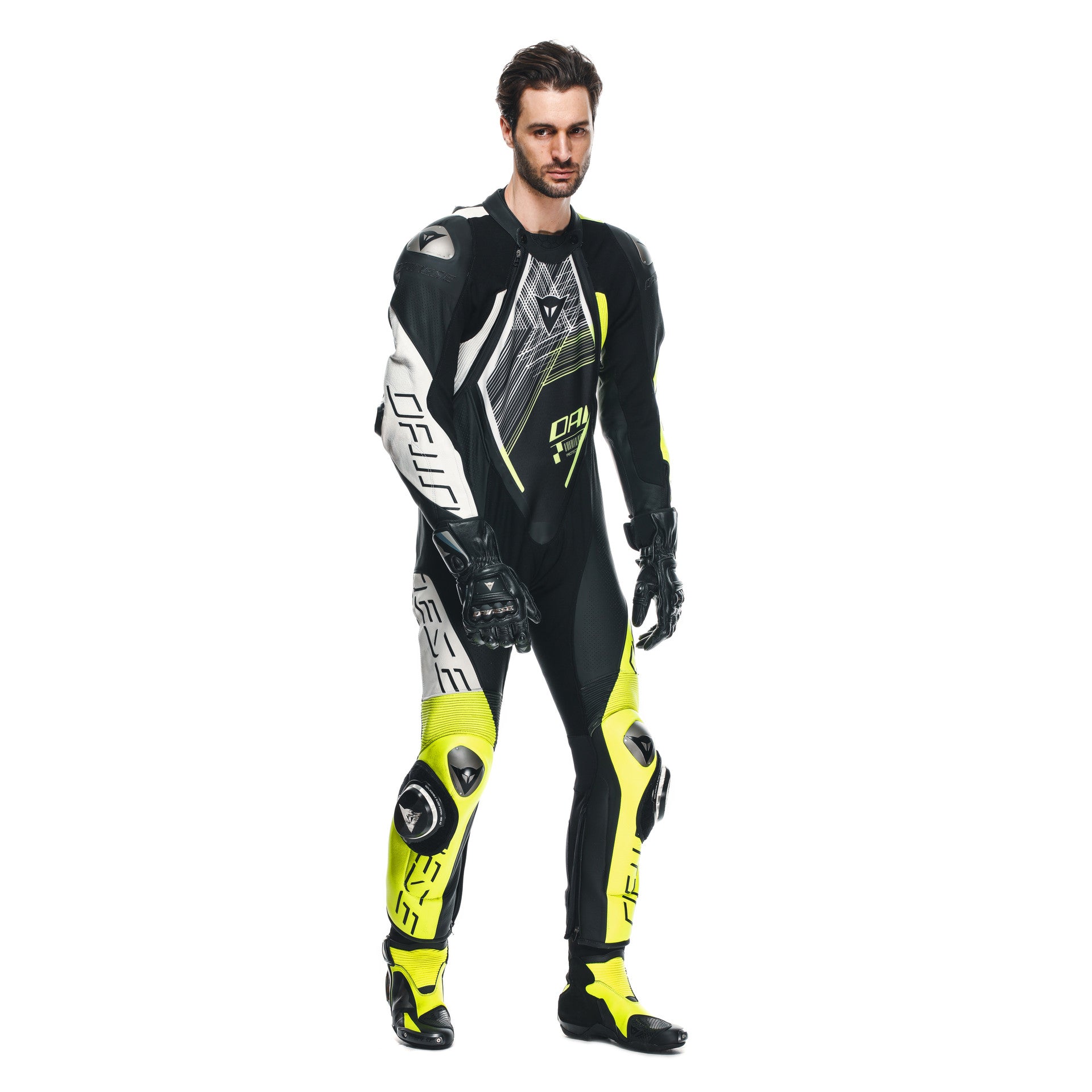 Dainese Audax D-ZIP fato de couro de uma peça – fato de corrida perfurado | Homens | Preto/Amarelo Neon 