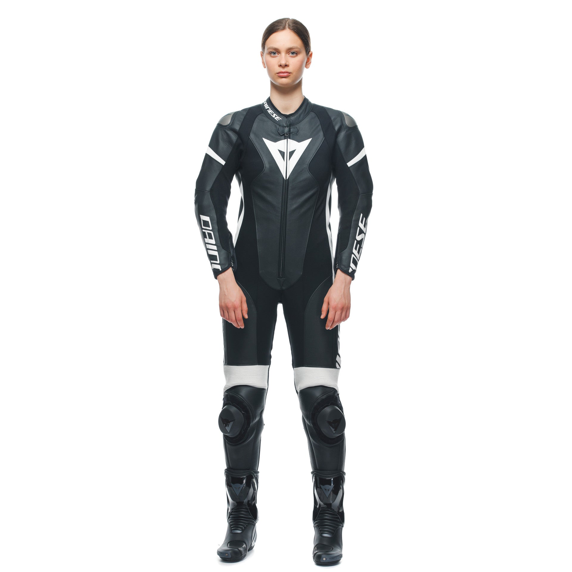 Dainese Grobnik Lady Macacão de Couro – Macacão de Corrida Perfurado | Mulheres | Preto/Branco 