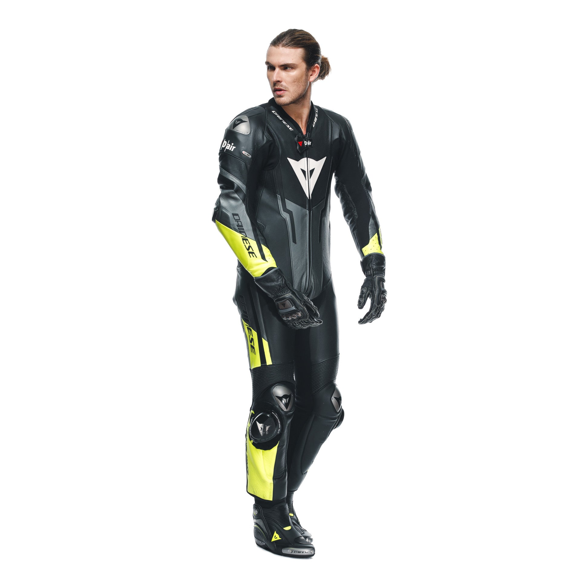 Dainese Misano 3 D-AIR® Macacão de Couro – Vestuário de Corrida com Airbag Perfurado | Masculino | Preto/Amarelo Neon 