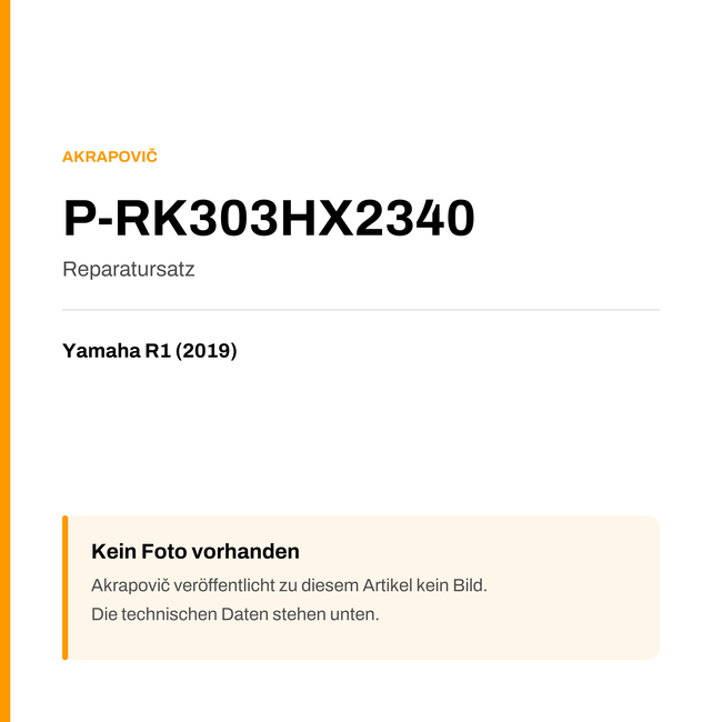 Akrapovic Reparatursatz Yamaha R1 (19-19) P-RK303HX2340 — Platzhalter, kein Herstellerfoto verfügbar