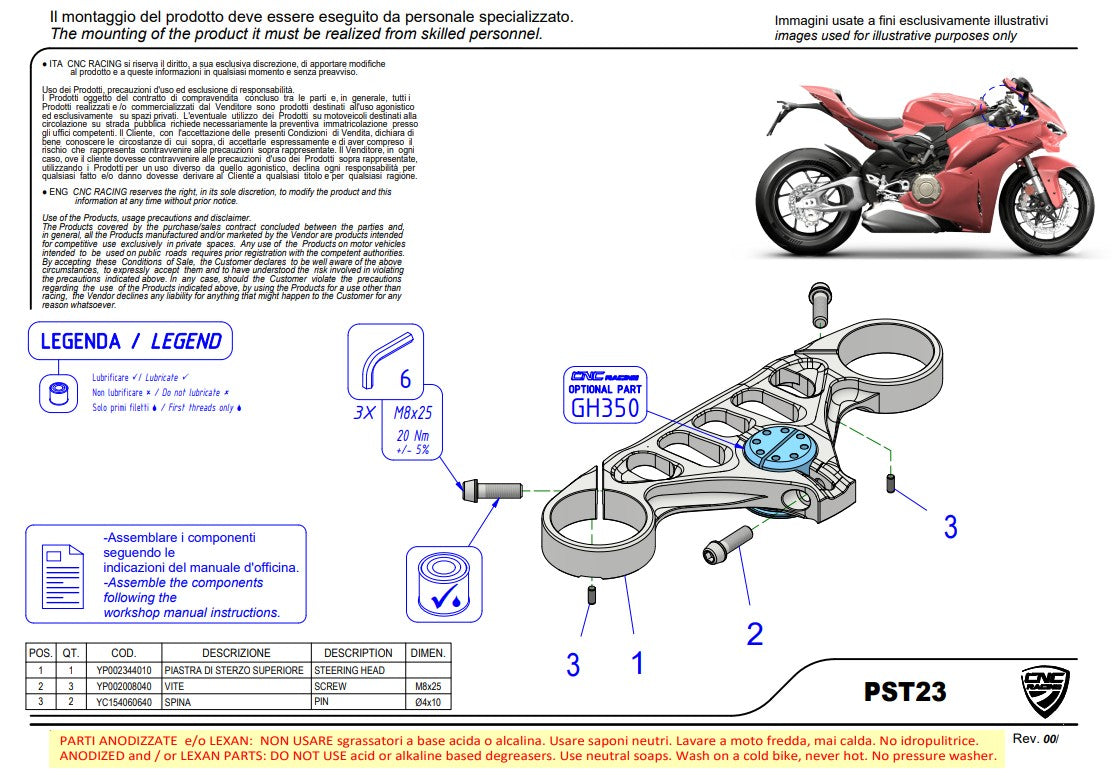 Ponte de garfo (CIMA) CNC Racing Ducati Panigale V4/S (2025) PST23BR 