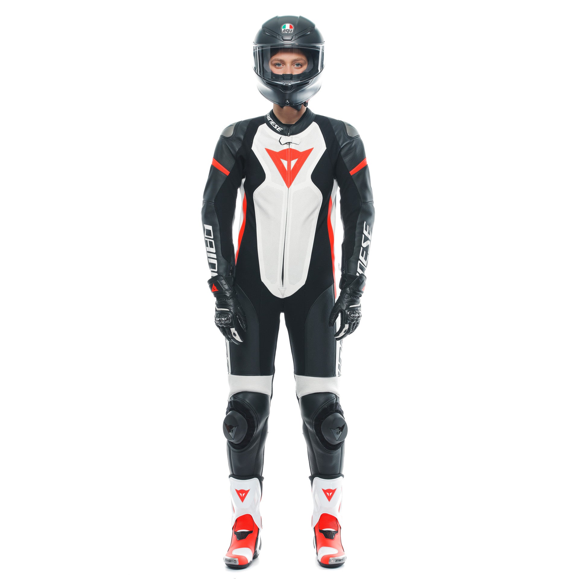 Dainese Grobnik Lady Macacão de Couro – fato de corrida perfurado | Mulheres | Branco/Vermelho 