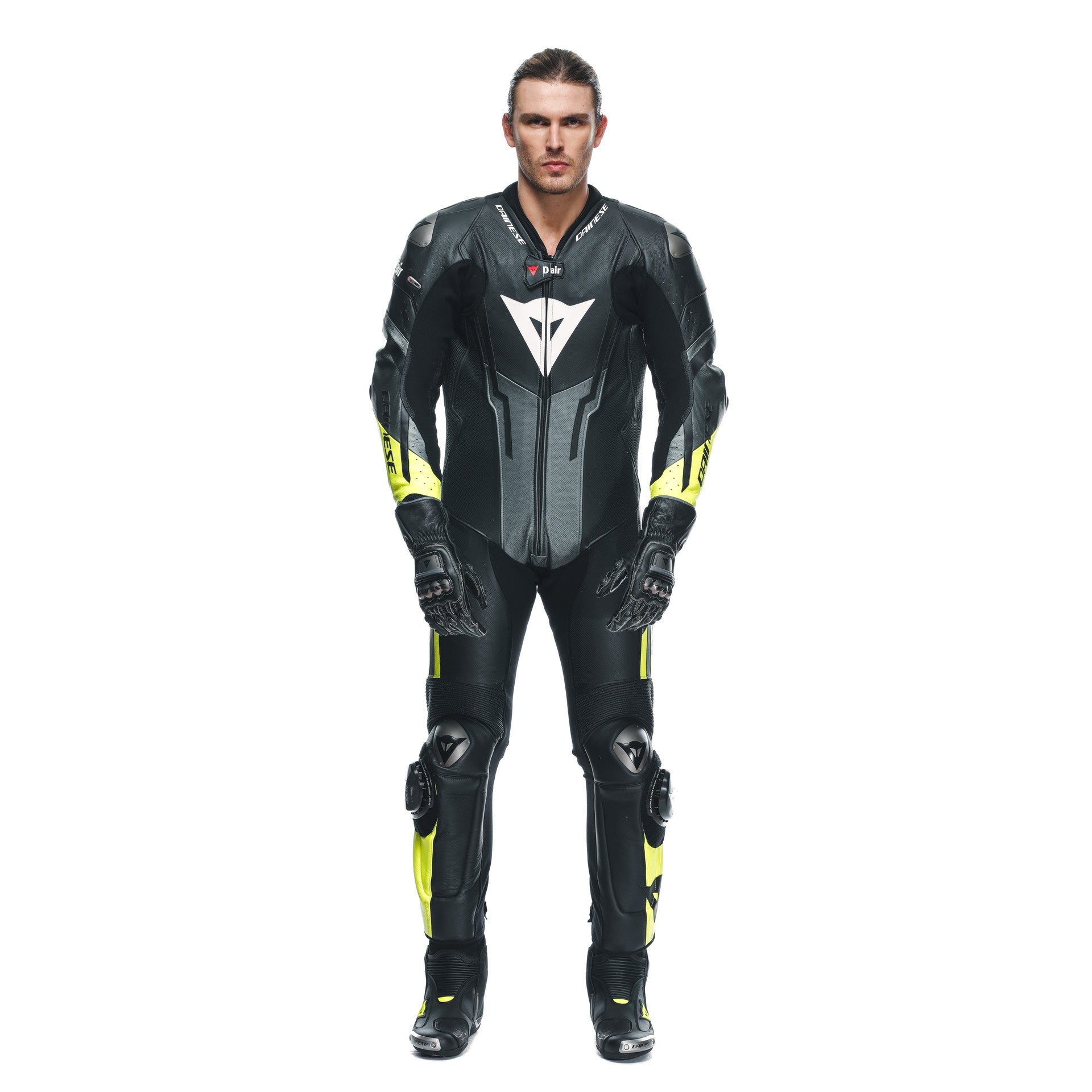 Dainese Misano 3 D-AIR® Macacão de Couro – Vestuário de Corrida com Airbag Perfurado | Masculino | Preto/Amarelo Neon 