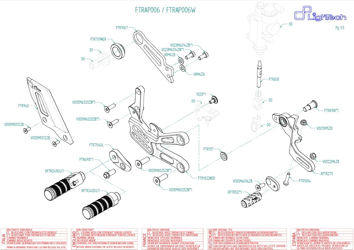 Sistema de pedal LighTech com inversão Aprilia RSV4/RF/RR/1100 Factory (17-26) FTRAP006/W 