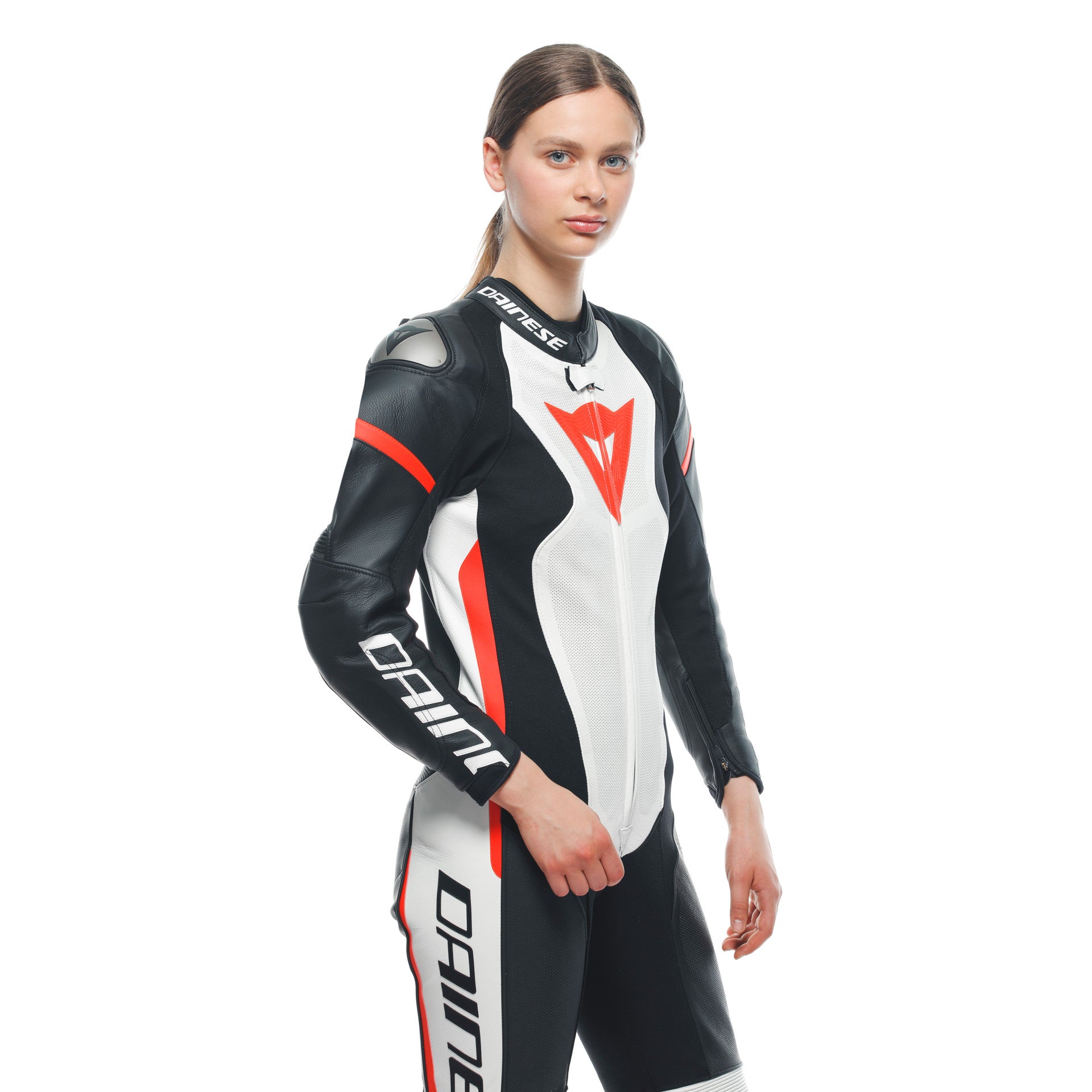 Dainese Grobnik Lady Macacão de Couro – fato de corrida perfurado | Mulheres | Branco/Vermelho 