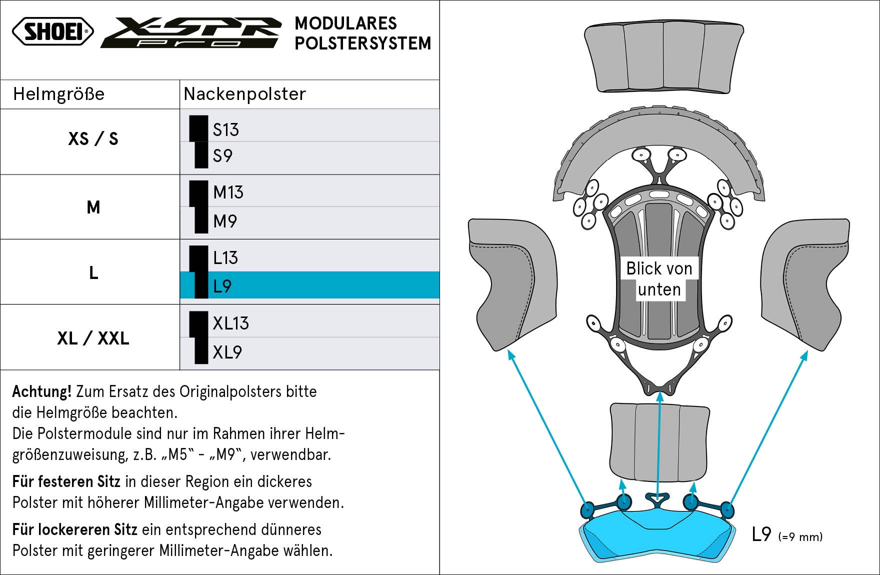 Shoei almofada de cabeça para pescoço L9 (XPRO) Tipo-P para X-SPR PRO 