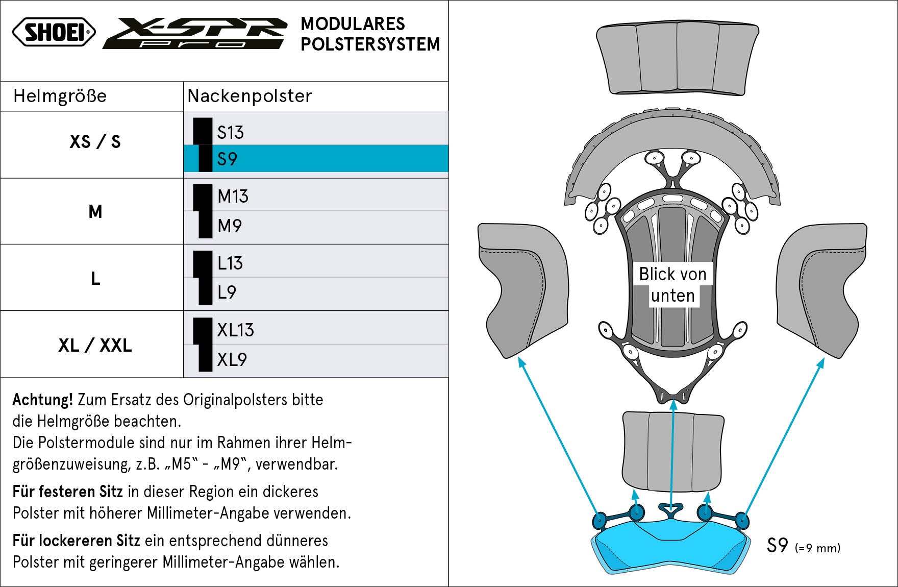 Shoei almofada de cabeça para pescoço S9 (XPRO) Tipo-P para X-SPR PRO 