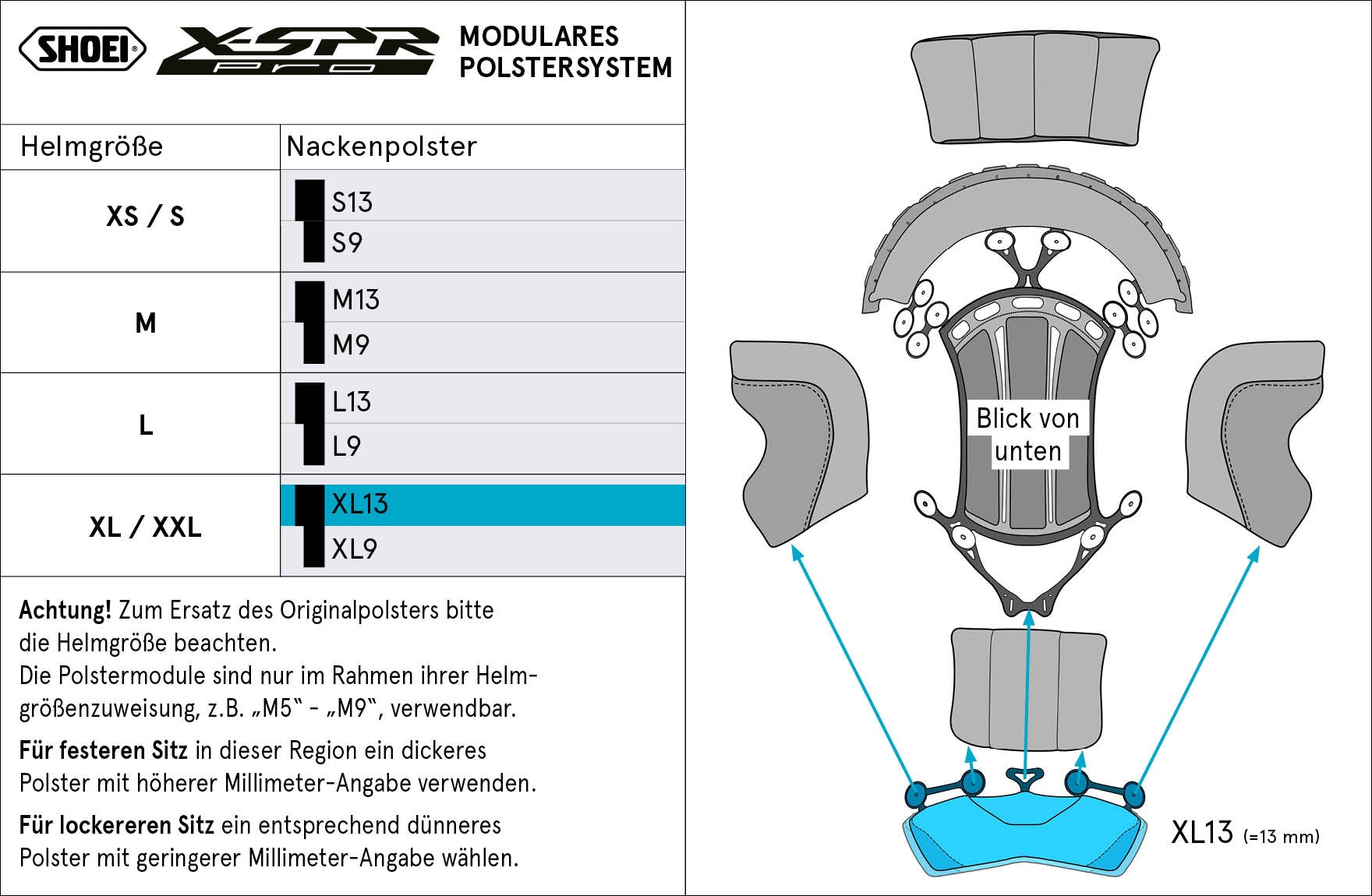 Shoei almofada de cabeça para pescoço XL13 (XPRO) Tipo-P para X-SPR PRO 