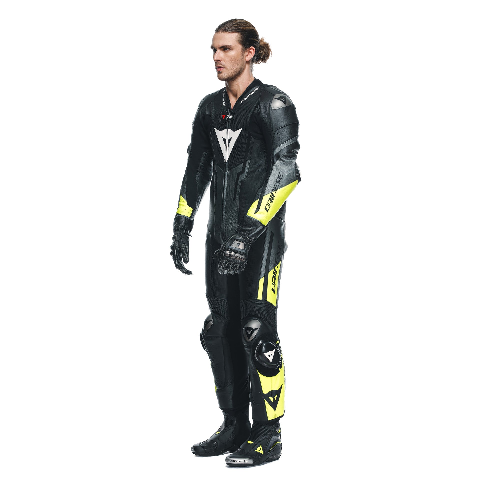 Dainese Misano 3 D-AIR® Macacão de Couro – Vestuário de Corrida com Airbag Perfurado | Masculino | Preto/Amarelo Neon 