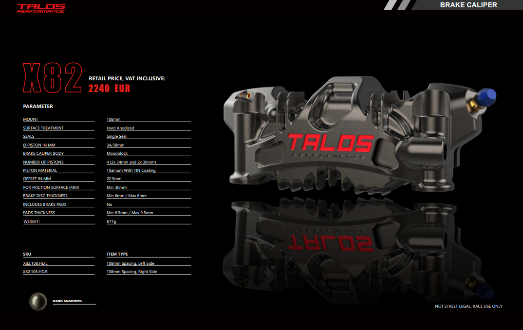 TALOS X82 SBK Racing Monoblock P4 34/38 108mm Pinça de Travão Dianteira Esquerda | X82.108.DL.L 