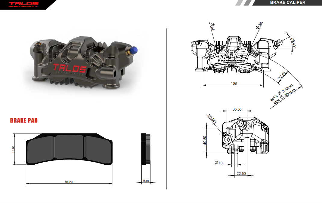TALOS X82 SBK Racing Monoblock P4 34/38 108mm Pinça de Travão Dianteira Esquerda | X82.108.DL.L 
