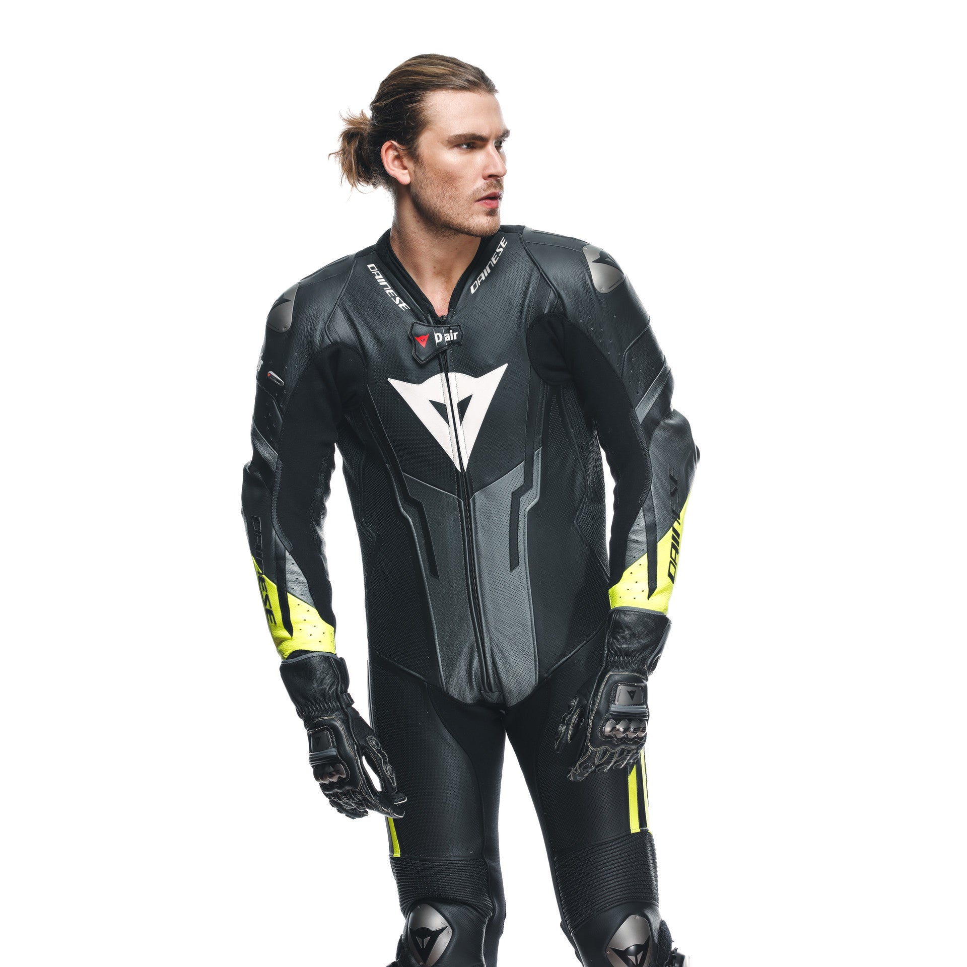 Dainese Misano 3 D-AIR® Macacão de Couro – Vestuário de Corrida com Airbag Perfurado | Masculino | Preto/Amarelo Neon 