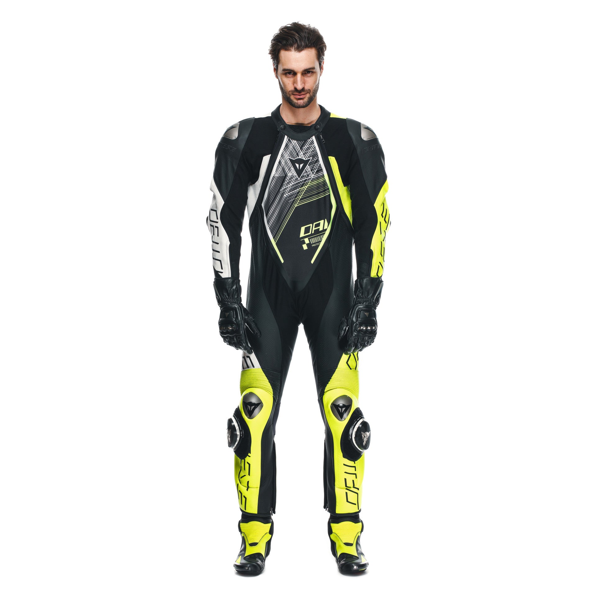 Dainese Audax D-ZIP fato de couro de uma peça – fato de corrida perfurado | Homens | Preto/Amarelo Neon 