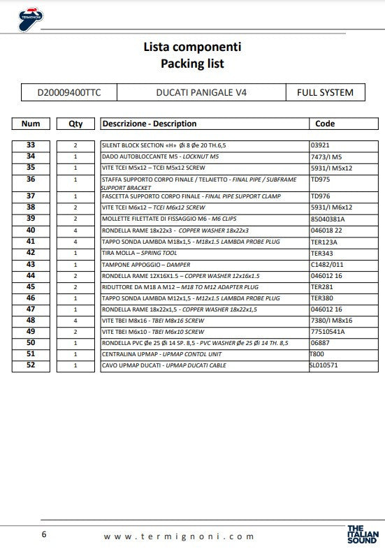 Sistema de escape completo Termignoni em titânio D200 RHT para Ducati Panigale V4/S (18-24) D20009400TTC 