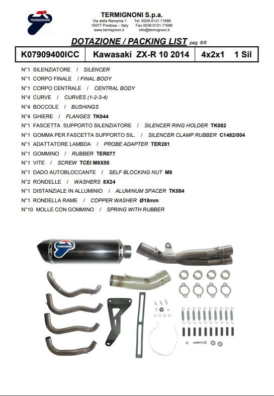 Sistema de escape completo em titânio Termignoni para Kawasaki ZX-10 R/RR (16-20) K08010200TCC 