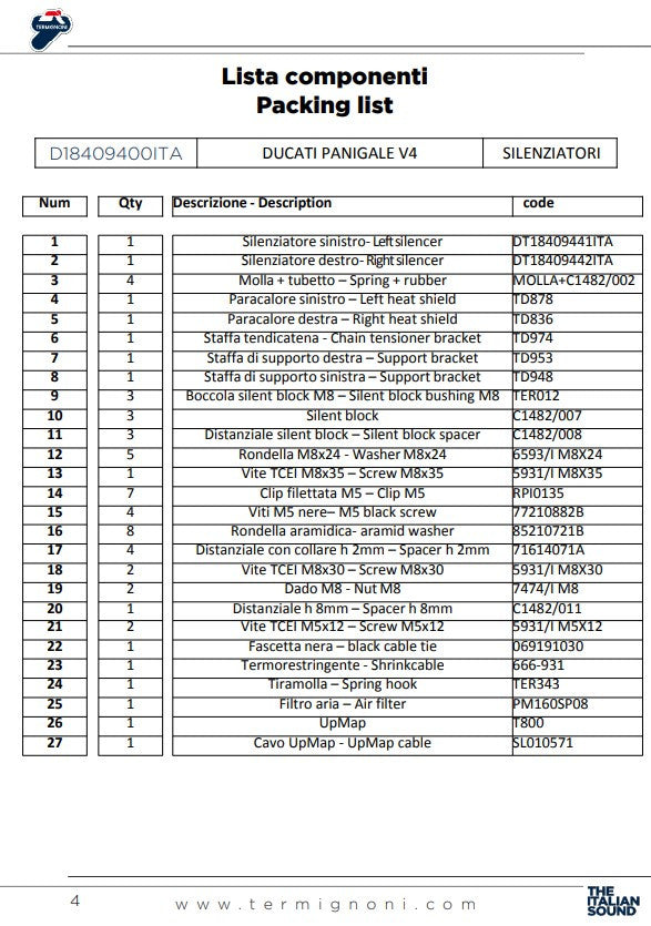 Kit Slip-On Termignoni para Ducati Panigale V4/S/R (18-24) D18409400ITA 