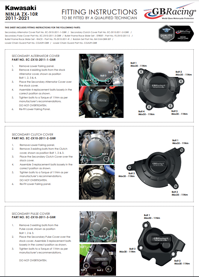 Conjunto Completo de Tampa de Motor Proteções GBRacing Kawasaki ZX-10 R/RR (11-20) 