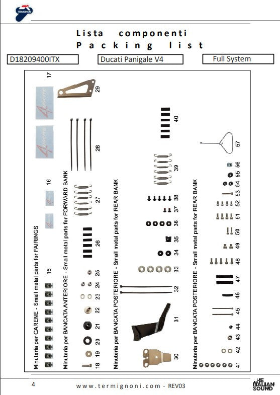 Sistema de escape completo Termignoni em titânio 4USCITE para Ducati Panigale V4/S (18-24) D18209401TTX 