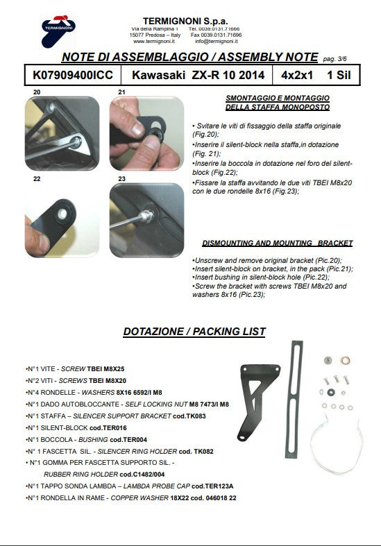 Sistema de escape completo em aço inoxidável Termignoni para Kawasaki ZX-10 R/RR (16-20) K07909400ICC 