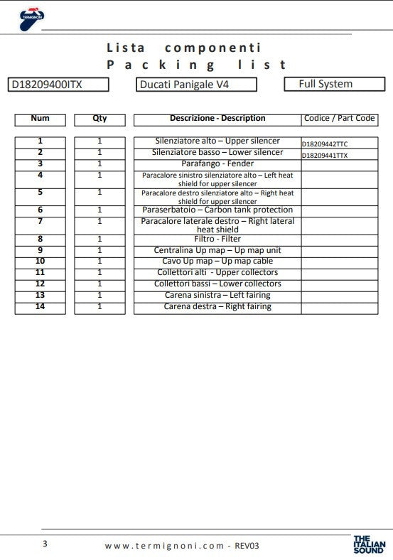 Sistema de escape completo Termignoni em titânio 4USCITE para Ducati Panigale V4/S (18-24) D18209401TTX 