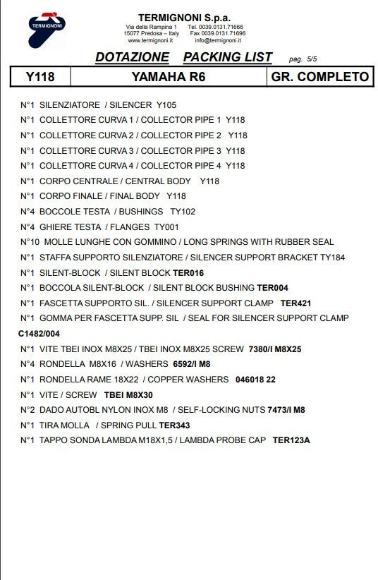 Kit de escape completo Termignoni em titânio versão SSP para Yamaha YZF-R6 (06-25) Y11810200TCC 