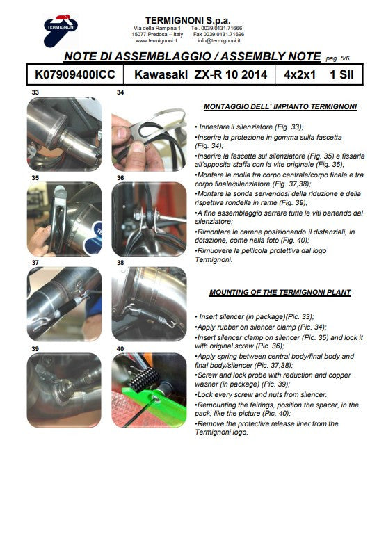 Sistema de escape completo em aço inoxidável Termignoni para Kawasaki ZX-10 R/RR (16-20) K07909400ICC 
