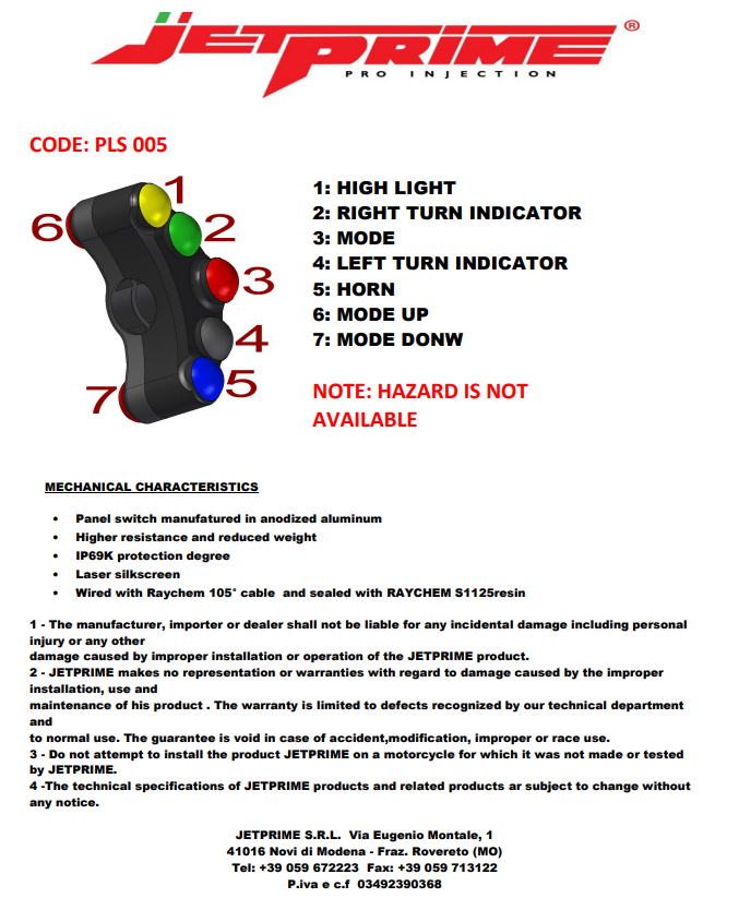 Interruptor de direção esquerdo JetPrime para Ducati Panigale 1199/R/S (12-17) JP PLS 005 