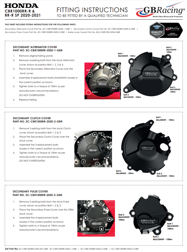 Conjunto completo de tampa de motor Proteções GBRacing Honda CBR 1000 RR-R SC82 (20-26) 