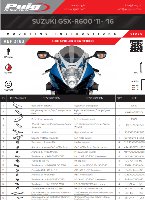 Spoilers de Asa Puig para Aumento de Downforce Suzuki GSX-R 600/750 (11-16) 3163 