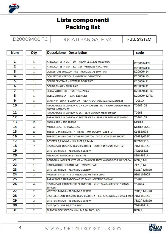 Sistema de escape completo em aço inoxidável Termignoni D200 RHT Ducati Panigale V4 R (19-24) D20009400ITC 