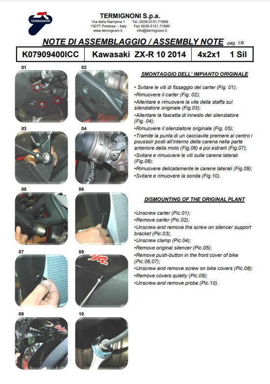 Sistema de escape completo em aço inoxidável Termignoni para Kawasaki ZX-10 R/RR (16-20) K07909400ICC 