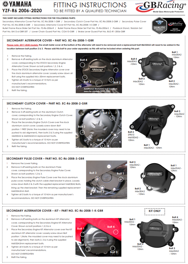 Capa do motor Proteções Conjunto completo GBRacing Yamaha KIT YZF-R6 (06-25) 