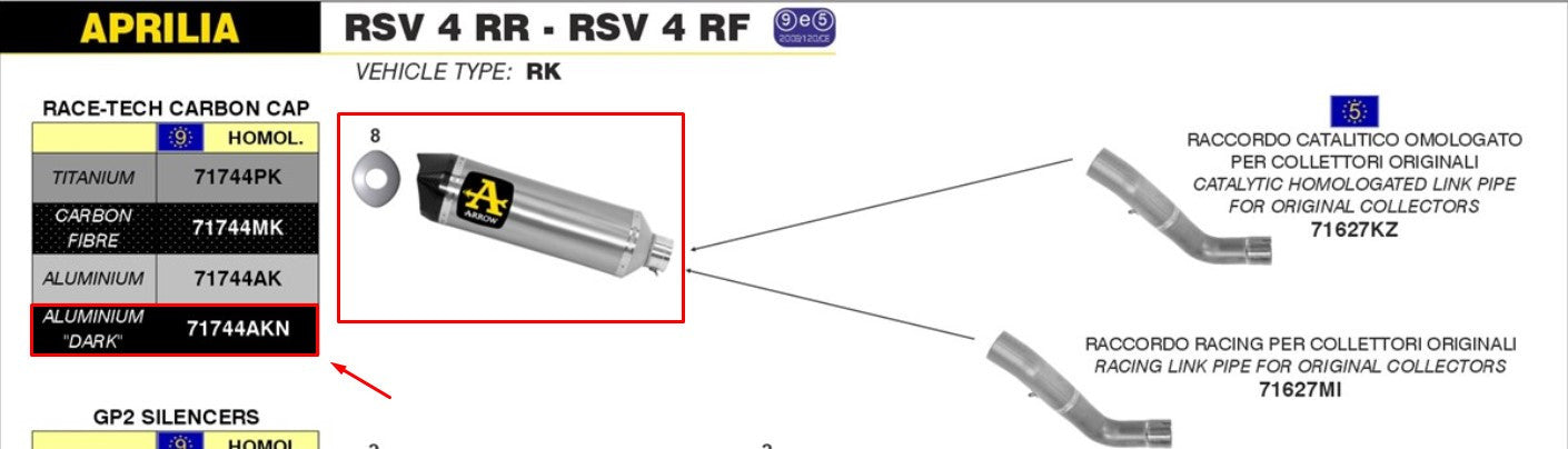 Escape Arrow Slip-On Race-Tech Alumínio Escuro Aprilia RSV4/RR/RF (15-16) 71744AKN 