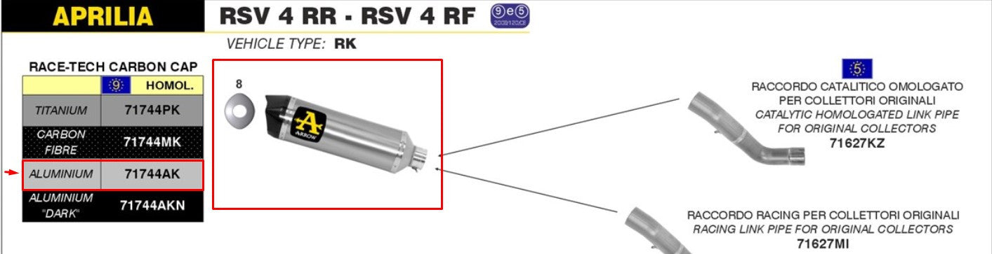 Escape Arrow Slip-On Race-Tech Alumínio Aprilia RSV4/RR/RF (15-16) 71744AK 