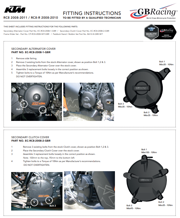 Capa do motor Proteções Conjunto completo GBRacing KTM RC8/R 1190 (08-10) 