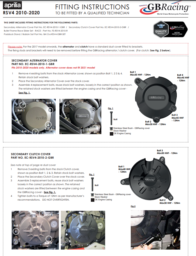 Protetor de luz do gerador capa de proteção GBRacing Aprilia RSV4/1100 Factory/R/RR/RF (09-20) 