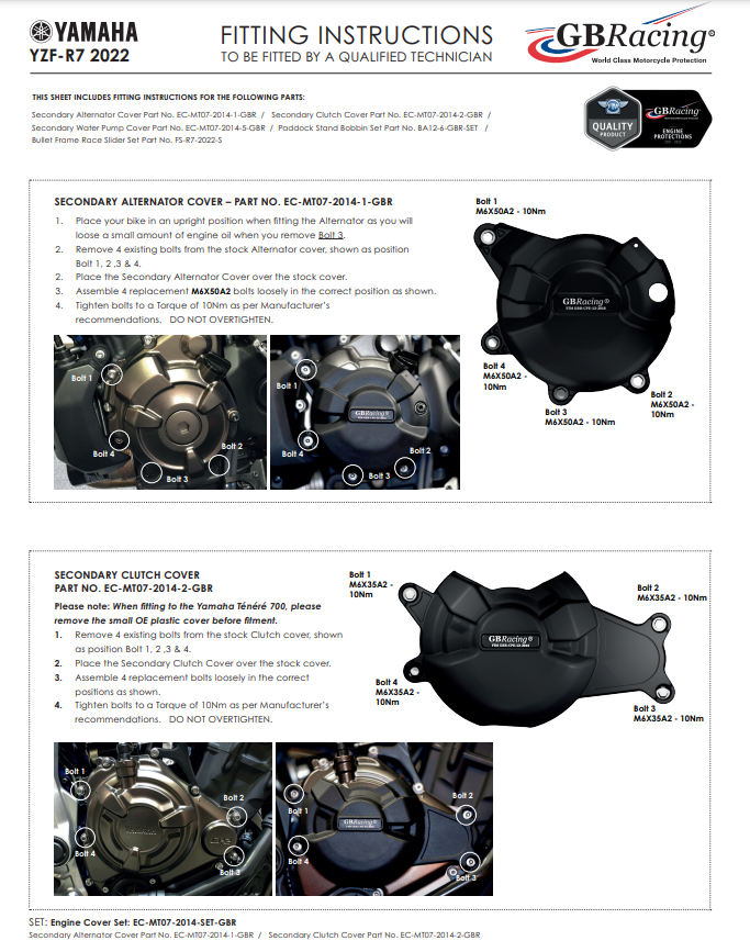 Conjunto completo de tampa do motor Proteções GBRacing Yamaha YZF-R7 (22-25) 