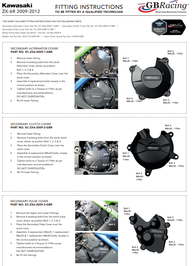 Conjunto completo de tampa de motor Proteções GBRacing Kawasaki ZX-6R/636/RR (09-12) 
