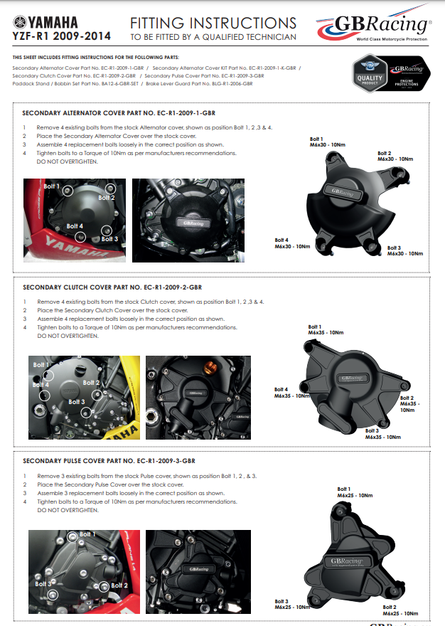 Capa de motor Proteções Conjunto completo GBRacing Yamaha YZF-R1 (09-14) 