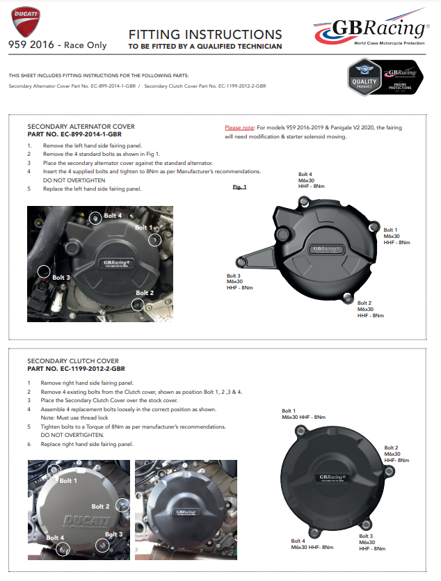 Conjunto completo de tampa de motor Proteções GBRacing Ducati Panigale 959 (16-19) 